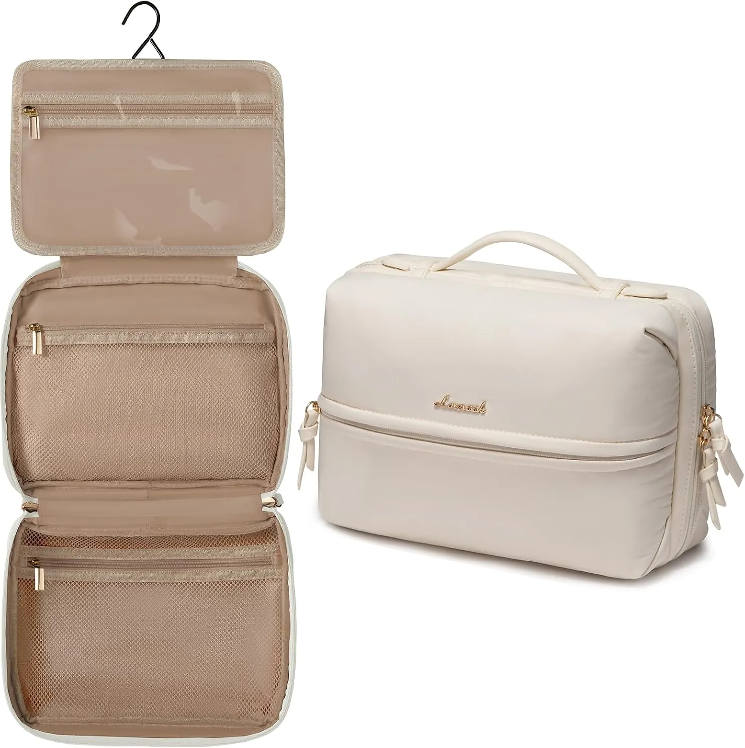 LOVEVOOK Travel Toiletry Bag With Hanging Hook for Women, Puffy Cosmetic Makeup Bag Organizer with Vegan Leather Handle for Accessories, Essentials, Toiletries, Off white