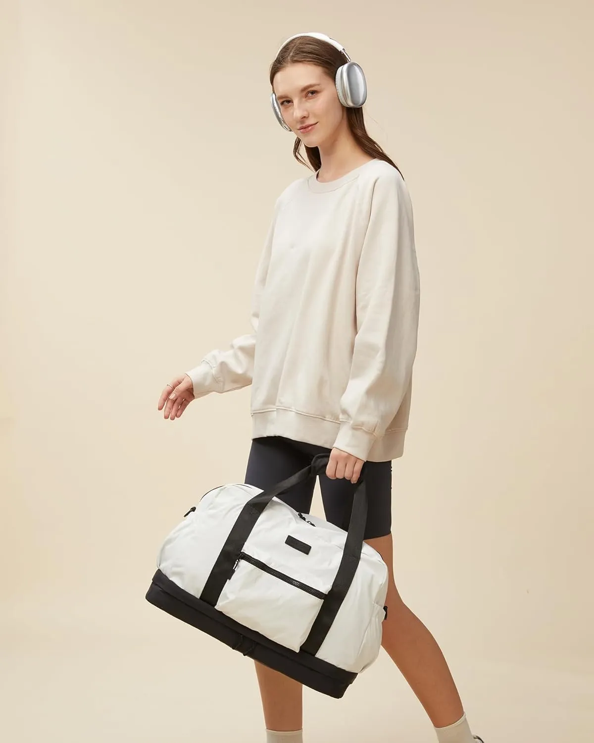 LOVEVOOK Weekender Bags for Women, Gym Bag with Shoe Compartment, Travel Duffel Bag with Toiletry Bag, Carry On Personal Item Bag-White