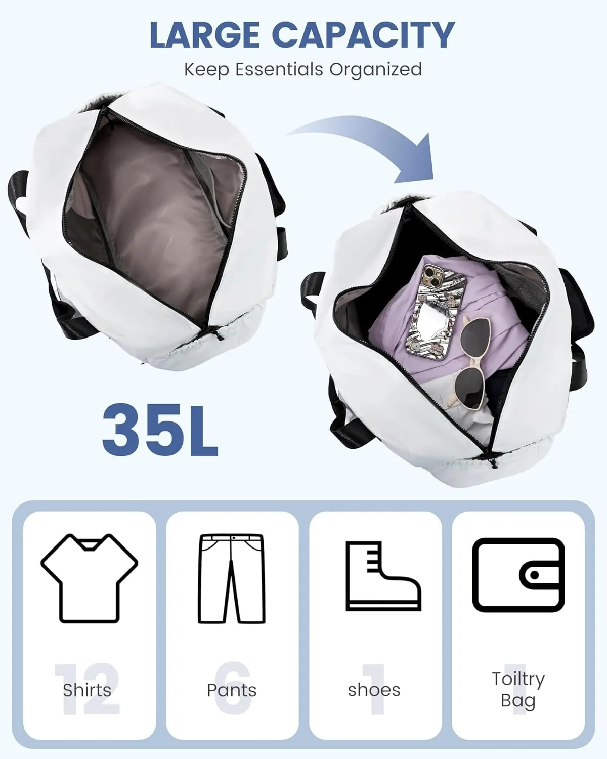 LOVEVOOK Weekender Bags for Women, Gym Bag with Shoe Compartment, Travel Duffel Bag with Toiletry Bag, Carry On Personal Item Bag-White
