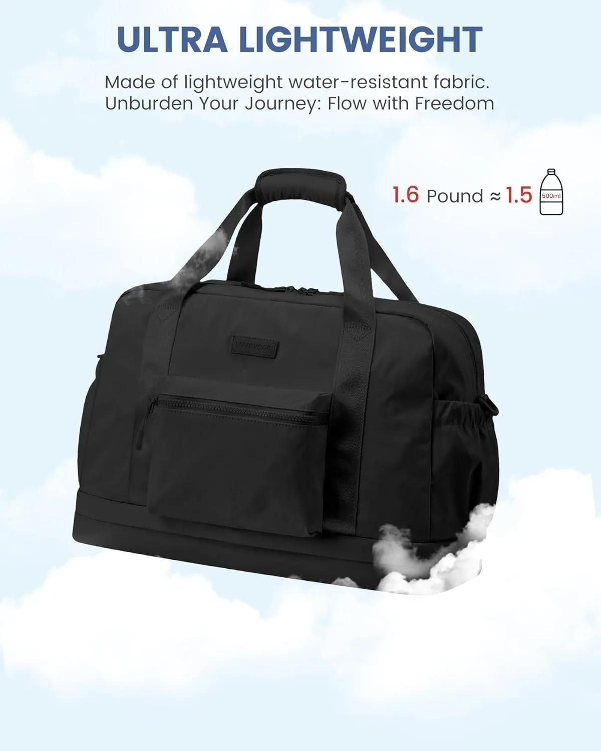 LOVEVOOK Weekender Bags for Women, Gym Bag with Shoe Compartment, Travel Duffel Bag with Toiletry Bag, Carry On Personal Item Bag, Workout Dance Bag- Black