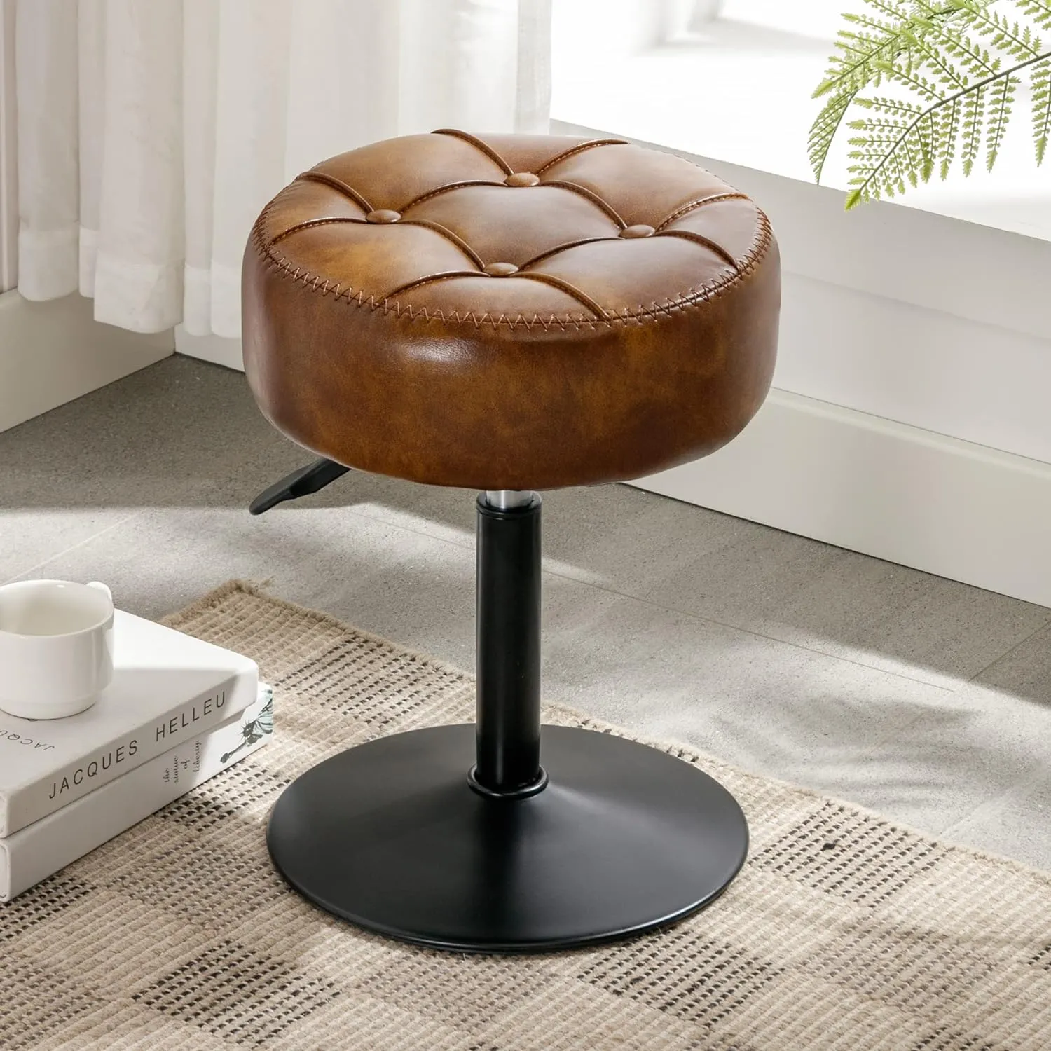 LUE BONA Adjustable Swivel Vanity Chair, Brown Faux Leather Stool for Makeup Room, Small for Bathroom, Living Room