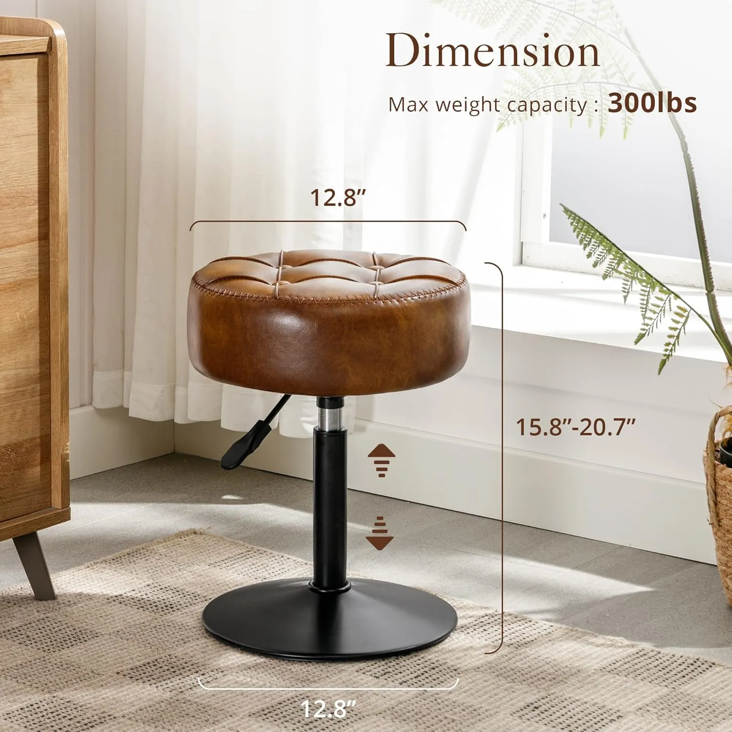 LUE BONA Adjustable Swivel Vanity Chair, Brown Faux Leather Stool for Makeup Room, Small for Bathroom, Living Room