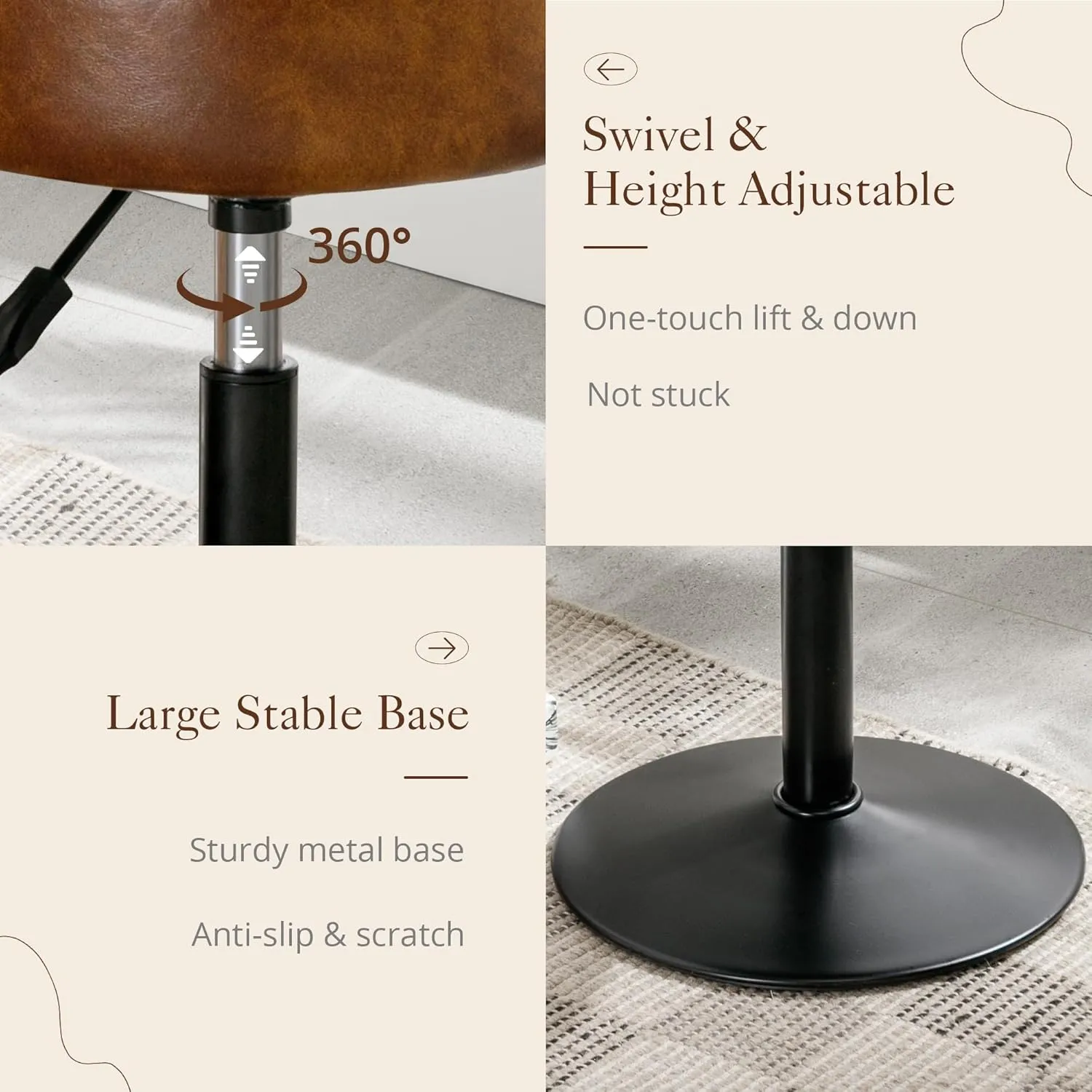 LUE BONA Adjustable Swivel Vanity Chair, Brown Faux Leather Stool for Makeup Room, Small for Bathroom, Living Room