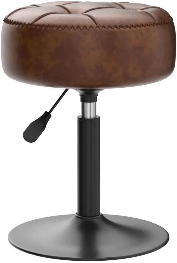 LUE BONA Adjustable Swivel Vanity Chair, Brown Faux Leather Stool for Makeup Room, Small for Bathroom, Living Room
