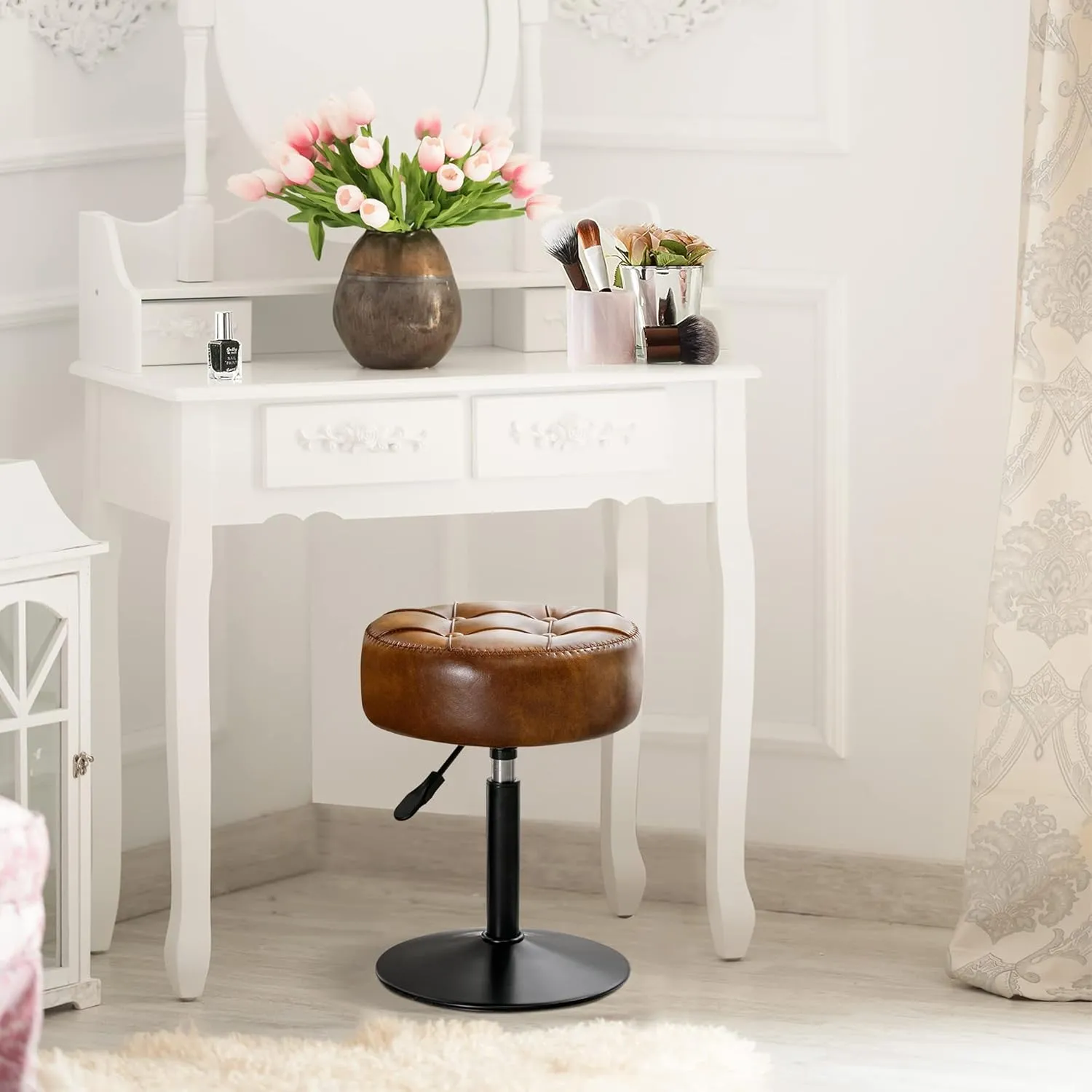 LUE BONA Adjustable Swivel Vanity Chair, Brown Faux Leather Stool for Makeup Room, Small for Bathroom, Living Room
