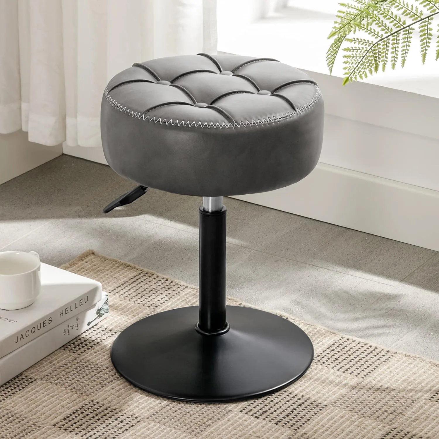 LUE BONA Adjustable Swivel Vanity Chair, Grey Faux Leather Stool for Makeup Room, Bathroom & Living Room