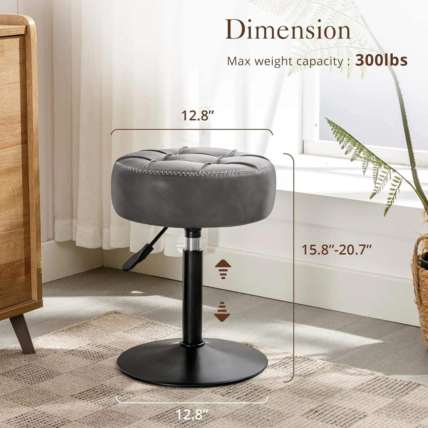 LUE BONA Adjustable Swivel Vanity Chair, Grey Faux Leather Stool for Makeup Room, Bathroom & Living Room