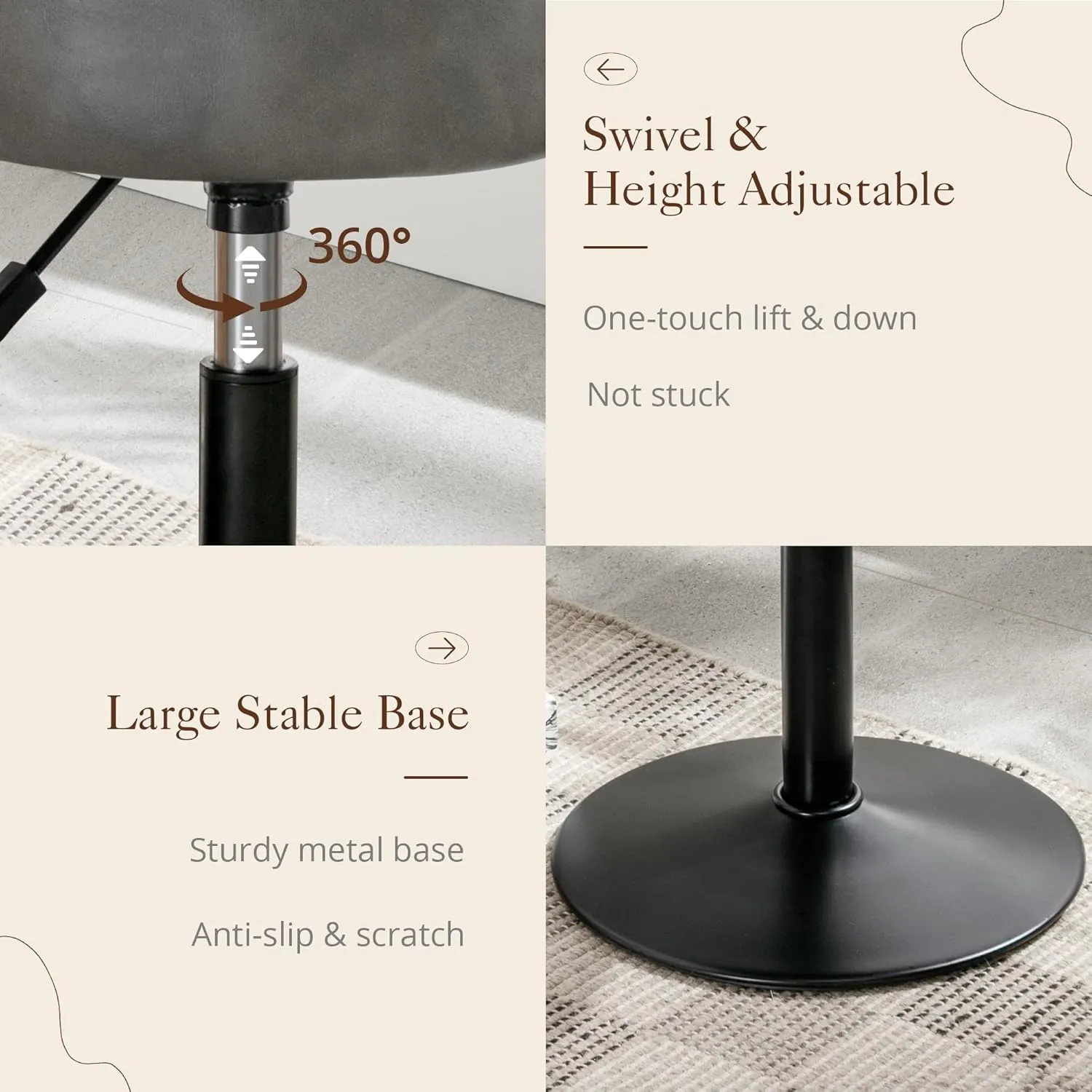 LUE BONA Adjustable Swivel Vanity Chair, Grey Faux Leather Stool for Makeup Room, Bathroom & Living Room