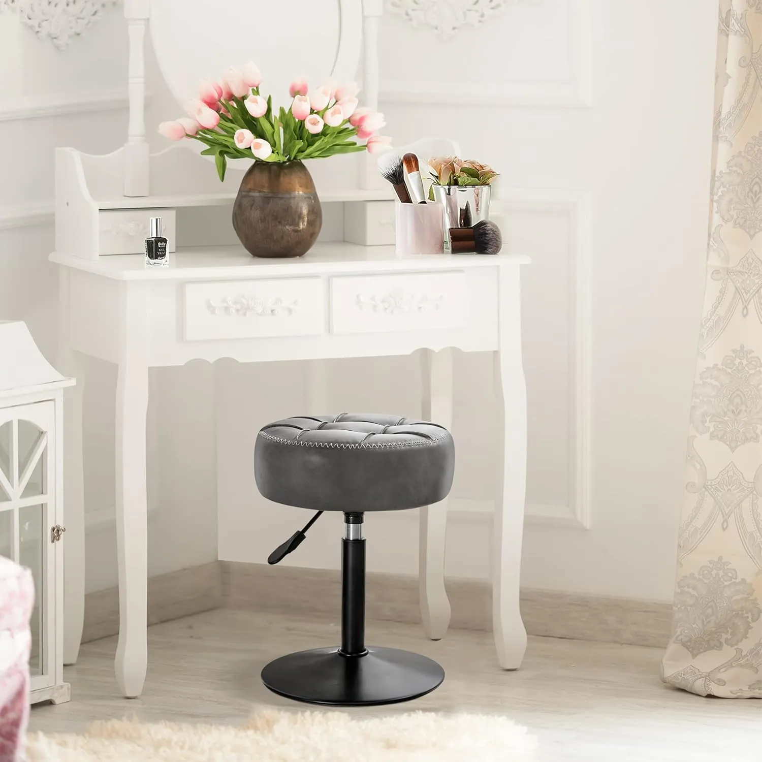 LUE BONA Adjustable Swivel Vanity Chair, Grey Faux Leather Stool for Makeup Room, Bathroom & Living Room