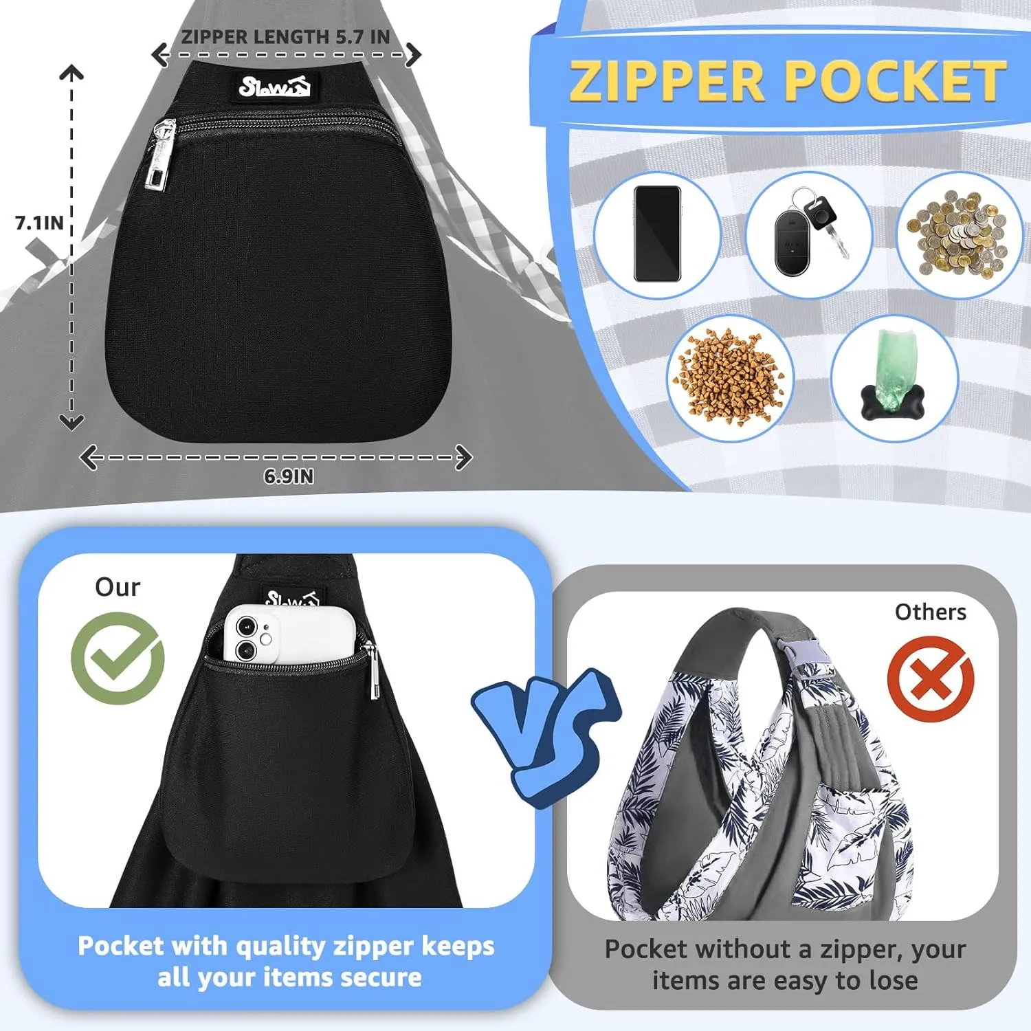 Lukovee Pet Sling, Hand Free Dog Sling Carrier Adjustable Padded Strap Tote Bag, Shoulder Bag with Front Pocket Safety Belt Carrying Small Dog Cat Puppy Machine Washable (Black-WY,S)