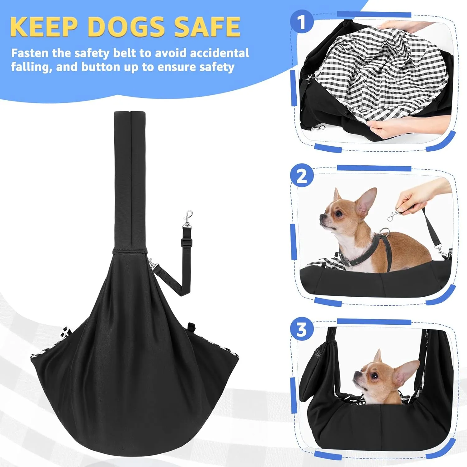 Lukovee Pet Sling, Hand Free Dog Sling Carrier Adjustable Padded Strap Tote Bag, Shoulder Bag with Front Pocket Safety Belt Carrying Small Dog Cat Puppy Machine Washable (Black-WY,S)