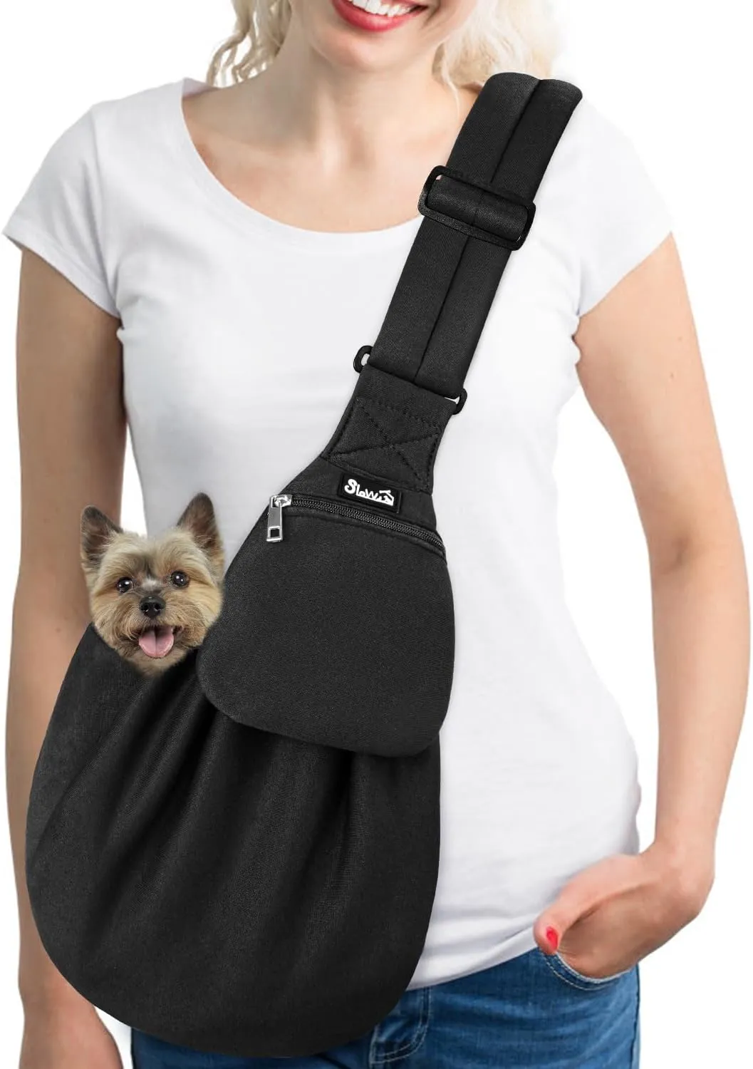 Lukovee Pet Sling, Hand Free Dog Sling Carrier Adjustable Padded Strap Tote Bag, Shoulder Bag with Safety Belt & Front Pocket for Small Dog Cat Puppy (Black-WY,M)