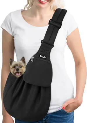 Lukovee Pet Sling, Hand Free Dog Sling Carrier Adjustable Padded Strap Tote Bag, Shoulder Bag with Safety Belt & Front Pocket for Small Dog Cat Puppy (Black-WY,M)