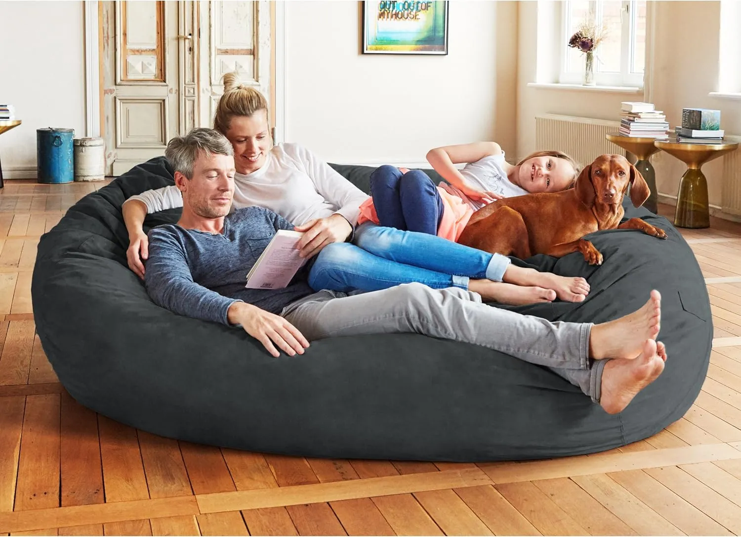 Lumaland Luxurious Giant 7ft Bean Bag Chair with Microsuede Cover - Ultra Soft, Foam Filling, Washable XXL Bean Bag Sofa for Kids, Teenagers, Adults - Sack Chair for Dorm, Family Room - Black