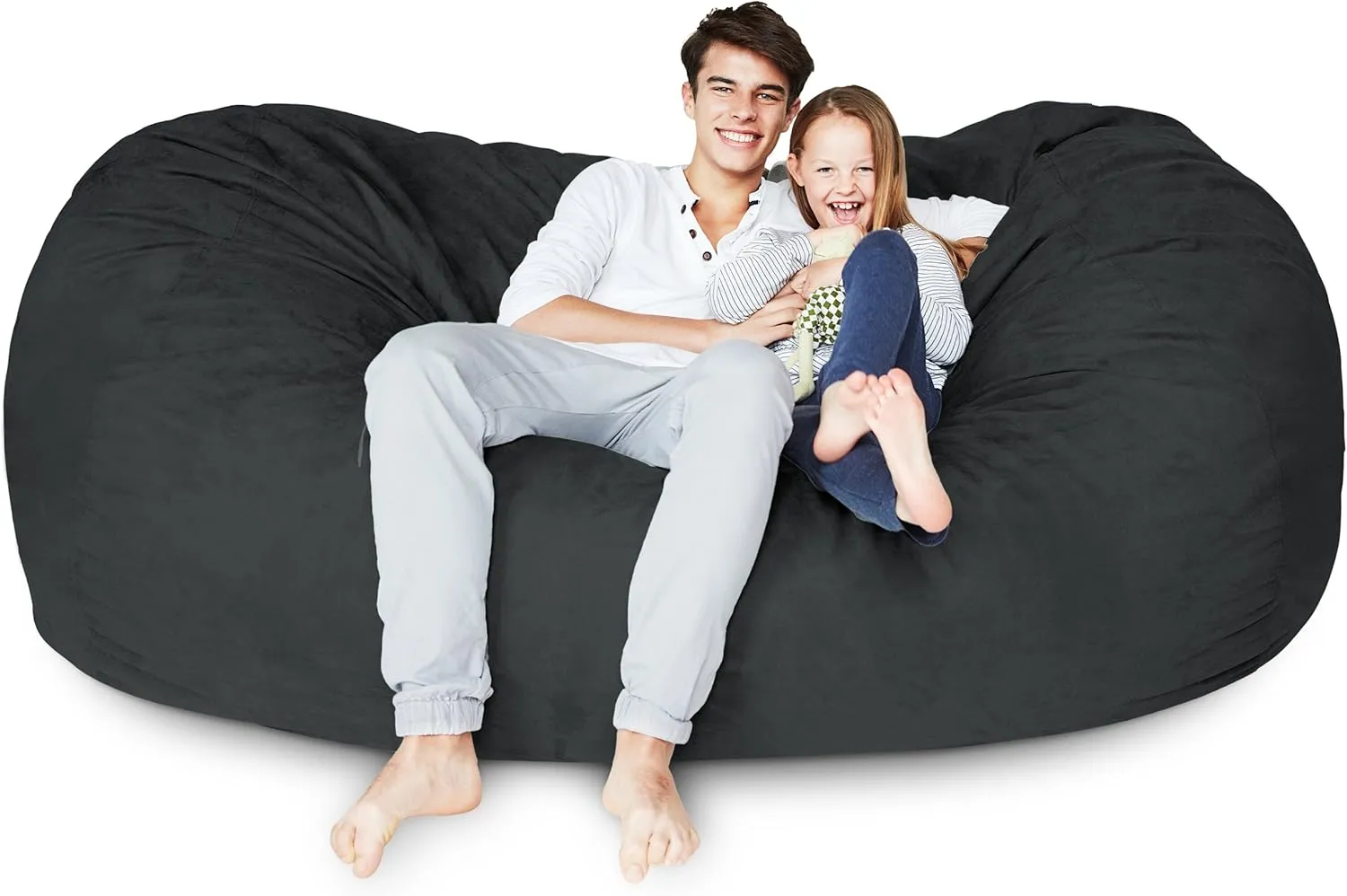 Lumaland Luxurious Giant 7ft Bean Bag Chair with Microsuede Cover - Ultra Soft, Foam Filling, Washable XXL Bean Bag Sofa for Kids, Teenagers, Adults - Sack Chair for Dorm, Family Room - Black