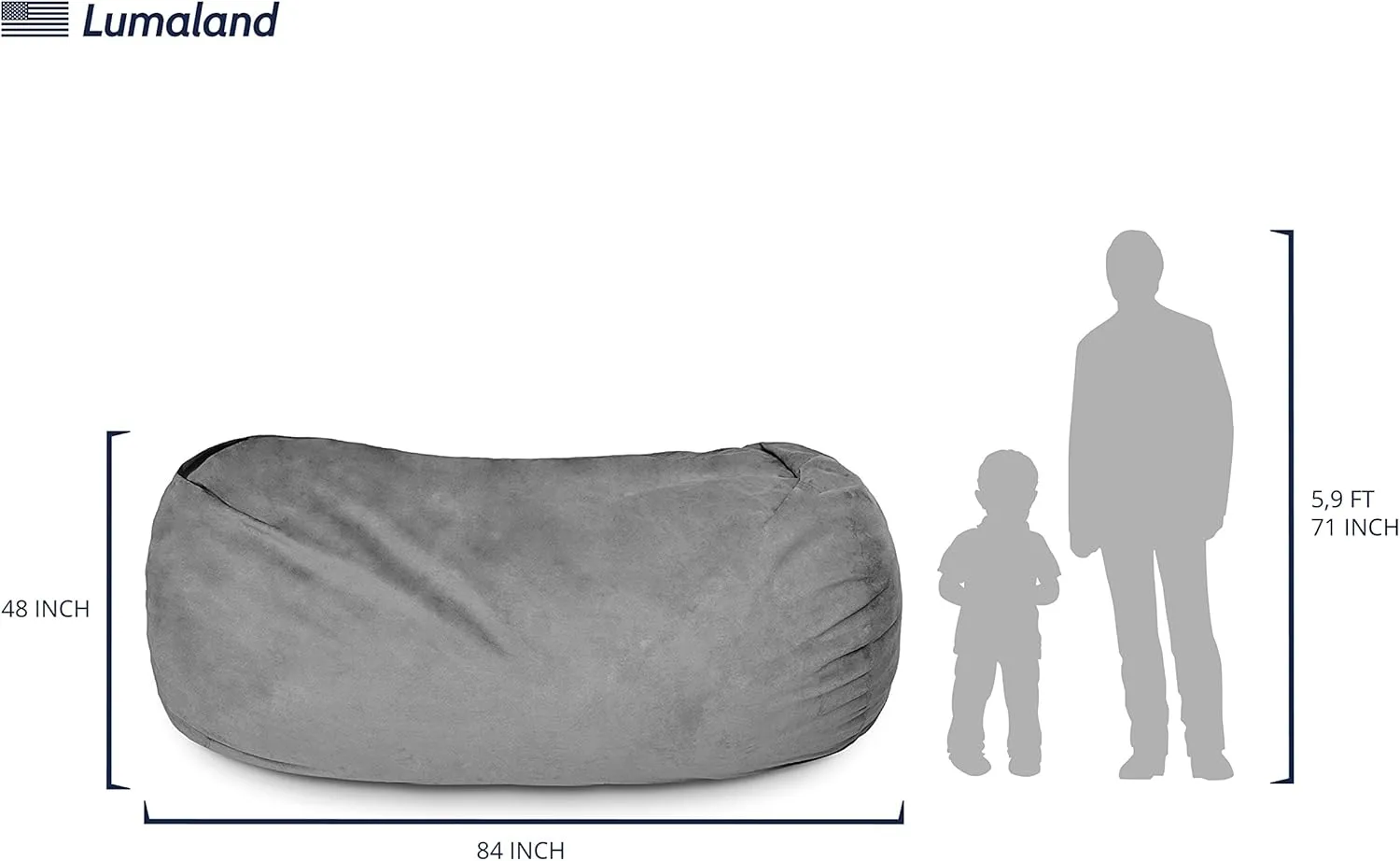 Lumaland Luxurious Giant 7ft Bean Bag Chair with Microsuede Cover - Ultra Soft, Foam Filling, Washable XXL Sofa for Kids, Teenagers, Adults Sack Dorm, Family Room Dark Grey