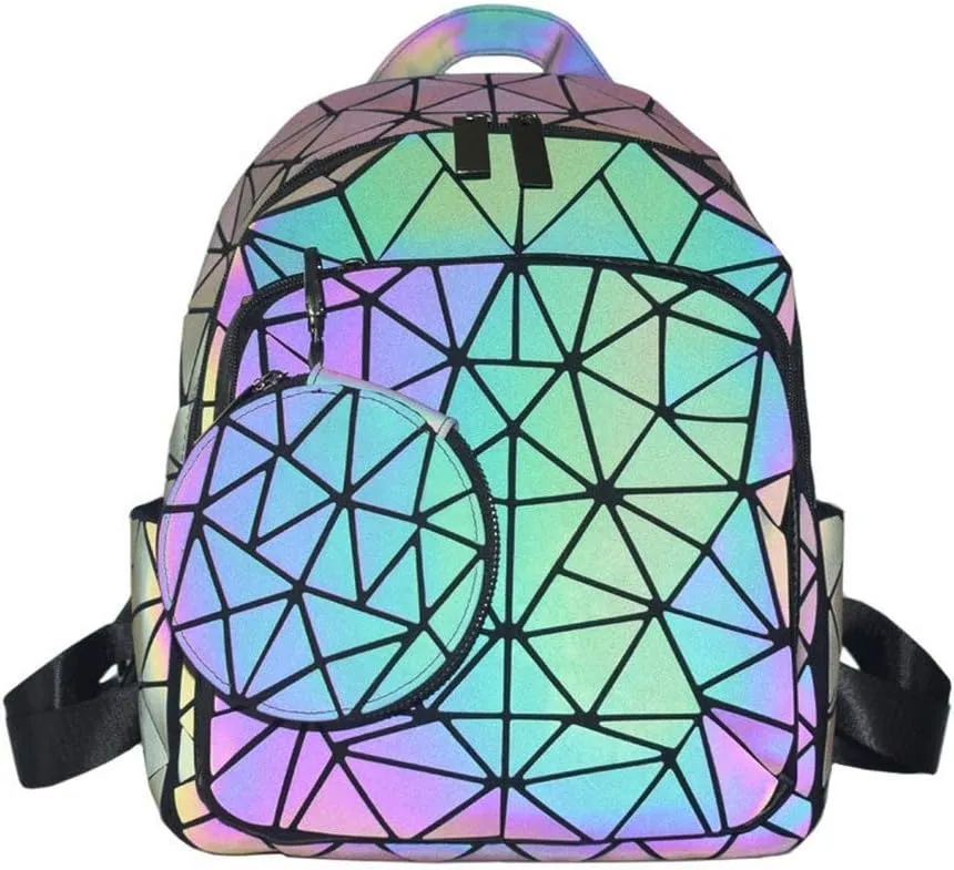 Luminous Backpack for Women Geometric Geogrous Travel Backpack Laser School Bags Reflective Purses and Handbags (Backpack Wallet)