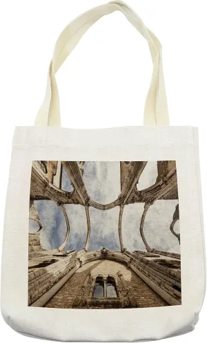 Lunarable Antique Tote Bag, Upward View of Carmo Building Ruins Portuguese Heritage Architecture Image Print, Cloth Linen Reusable Bag for Shopping Books Beach and More, 16.5" X 14", Cream