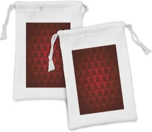 Lunarable Maroon Fabric Pouch Set of 2, Classical Antique Pattern Baroque Damask Motifs Curves Renaissance Revival Fashion, Small Drawstring Bag for Toiletries Masks and Favors, 9" x 6", Maroon Black
