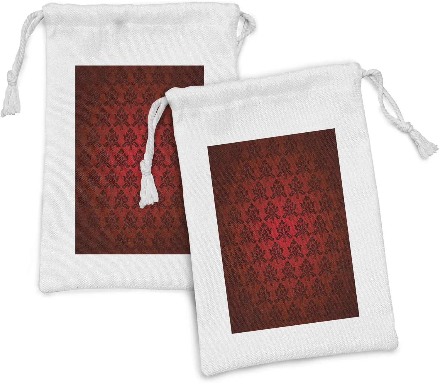 Lunarable Maroon Fabric Pouch Set of 2, Classical Antique Pattern Baroque Damask Motifs Curves Renaissance Revival Fashion, Small Drawstring Bag for Toiletries Masks and Favors, 9" x 6", Maroon Black