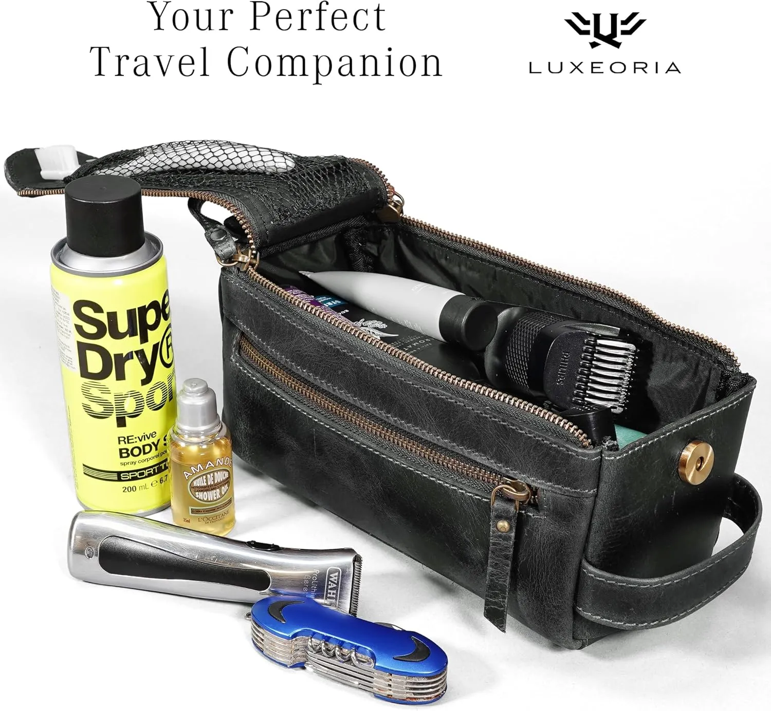 LUXEORIA Genuine Leather Toiletry Bags for Men and Women, Handmade Premium Leather Dopp Kit and Shaving Bag, Cosmetic Bag for Womens and Mens, Travel Essentials & Organizers