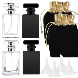 Luxsego Perfume Bottle Atomizers with Funnels, 30 ML Refillable Perfume Spray, Empty Spray Bottle Glass Cologne Atomizers for Travel, Handbag or Date, Storage Bag Included (Transparent and Black 4Pcs)
