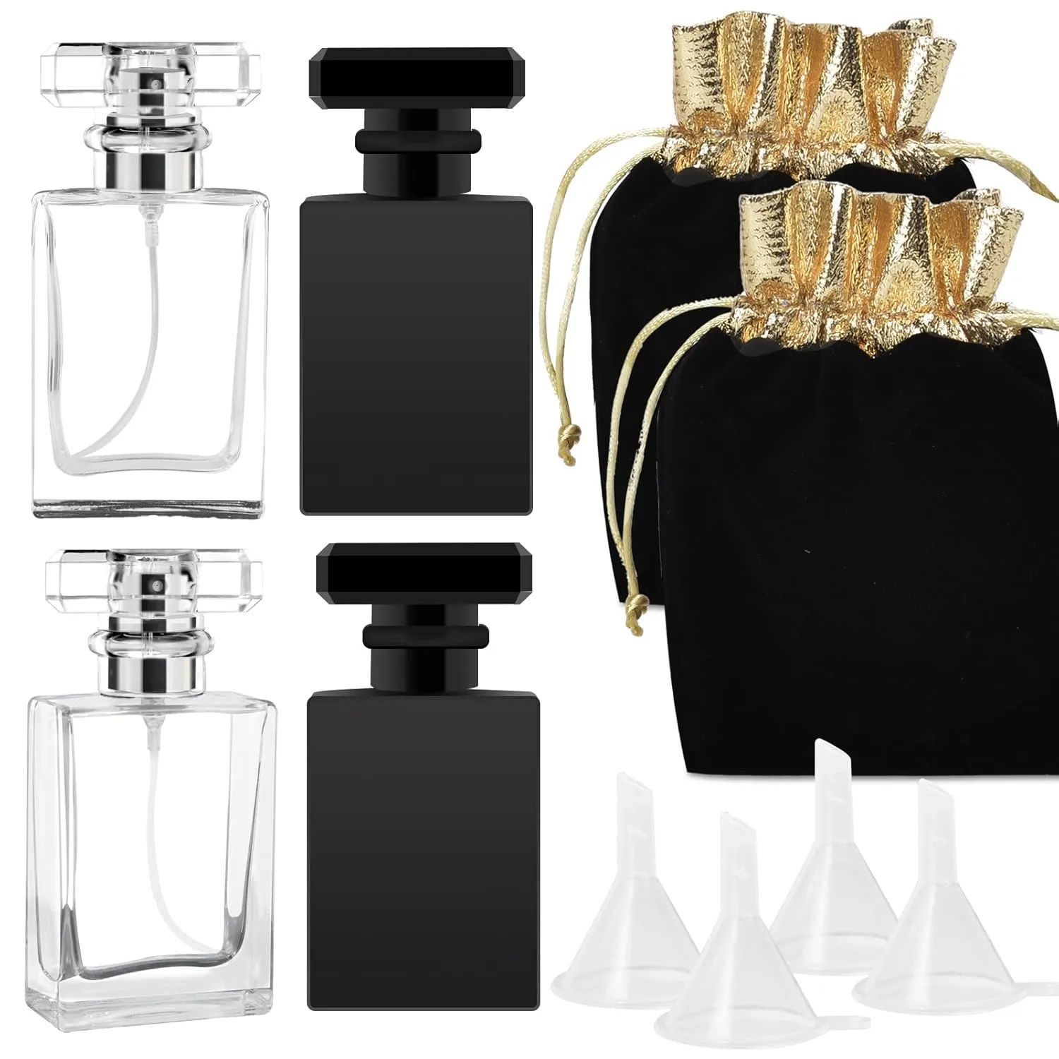 Luxsego Perfume Bottle Atomizers with Funnels, 30 ML Refillable Perfume Spray, Empty Spray Bottle Glass Cologne Atomizers for Travel, Handbag or Date, Storage Bag Included (Transparent and Black 4Pcs)
