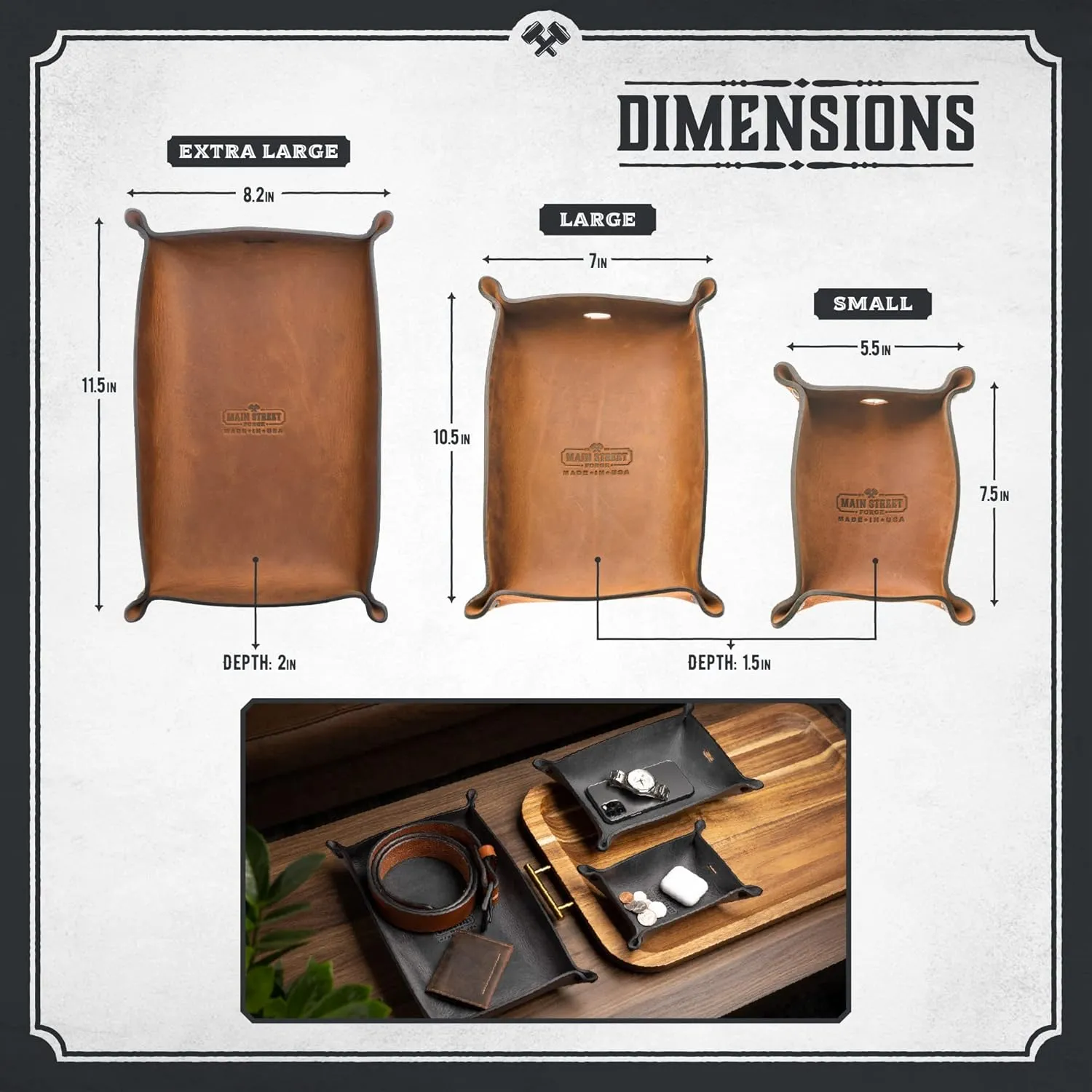 Main Street Forge Leather Valet Tray for Men – Rustic EDC Organizer for Keys, Phone & Wallet – Made in USA - Charred Oak