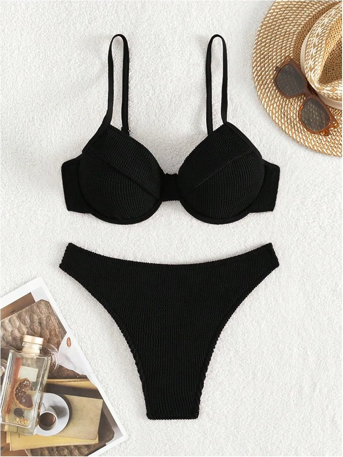 MakeMeChic Women's Bikini Sets Spaghetti Strap Tie Back Rib Knitted High Cut Swimsuit