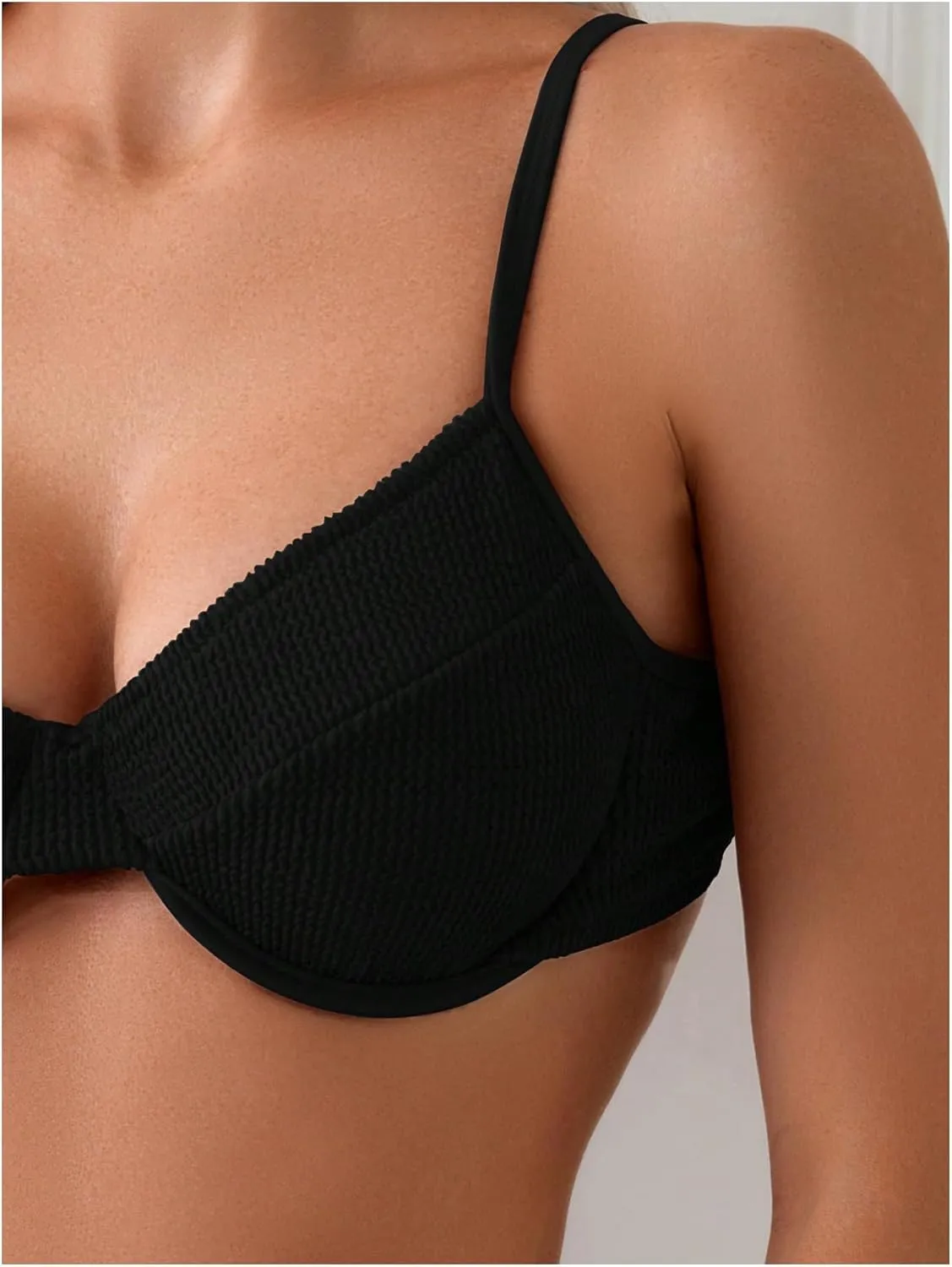 MakeMeChic Women's Bikini Sets Spaghetti Strap Tie Back Rib Knitted High Cut Swimsuit