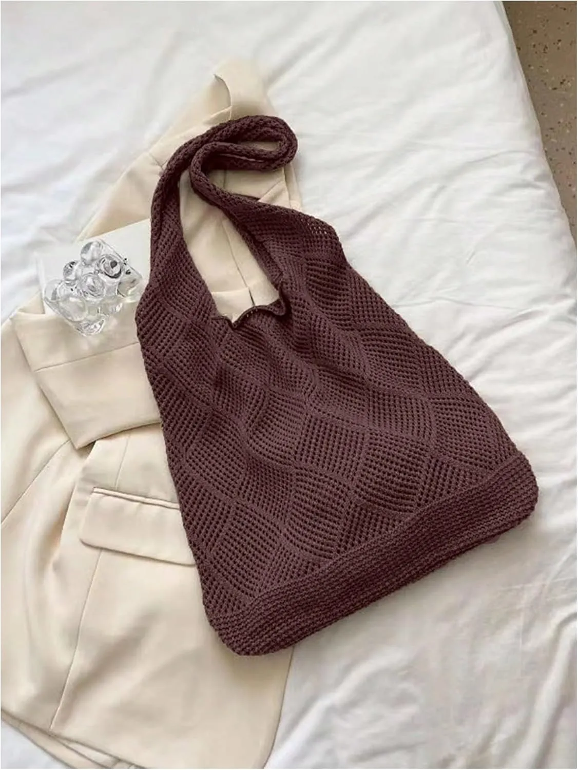 MakeMeChic Women's Crochet Hollow Out Double Strap Beach Shoulder Bag Tote Handbags