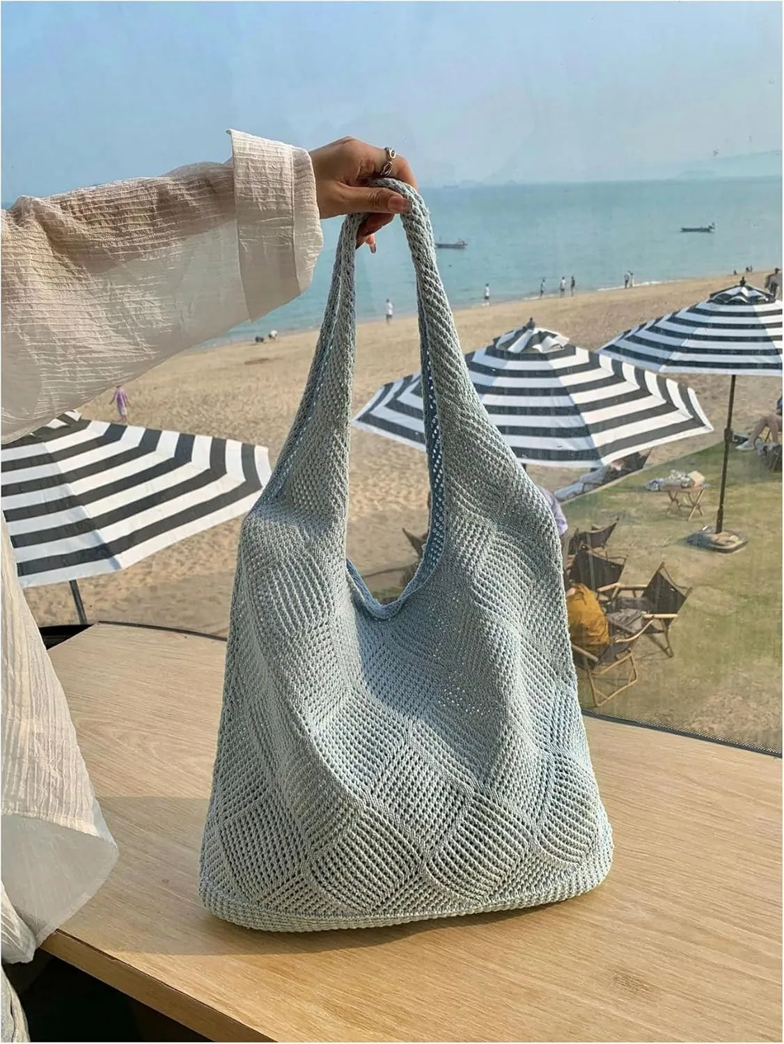 MakeMeChic Women's Crochet Hollow Out Double Strap Beach Shoulder Bag Tote Handbags