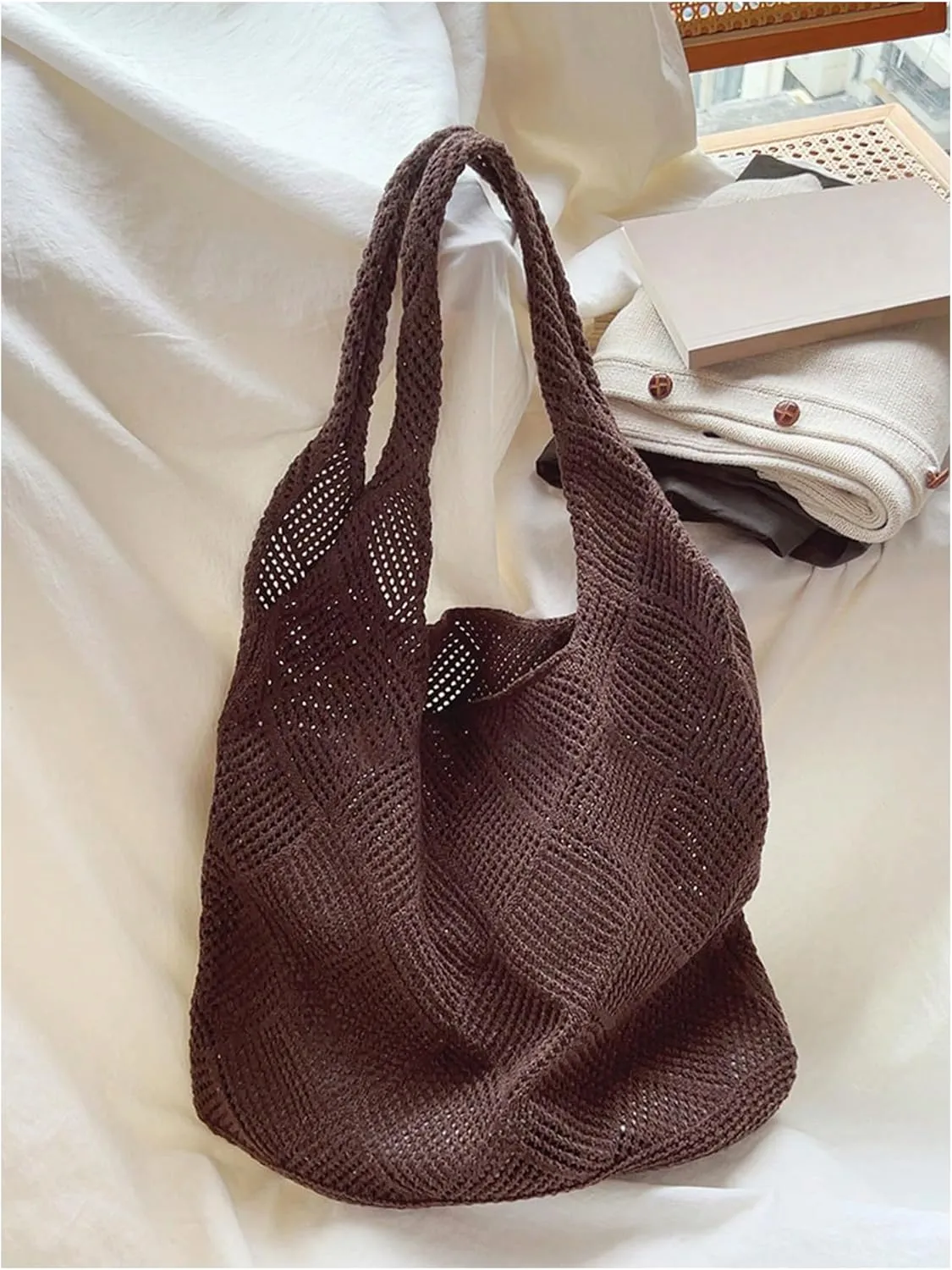 MakeMeChic Women's Crochet Hollow Out Double Strap Beach Shoulder Bag Tote Handbags