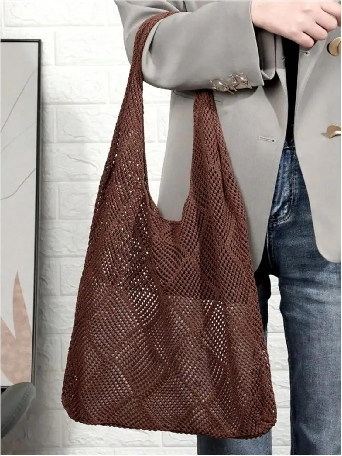 MakeMeChic Women's Crochet Hollow Out Double Strap Beach Shoulder Bag Tote Handbags