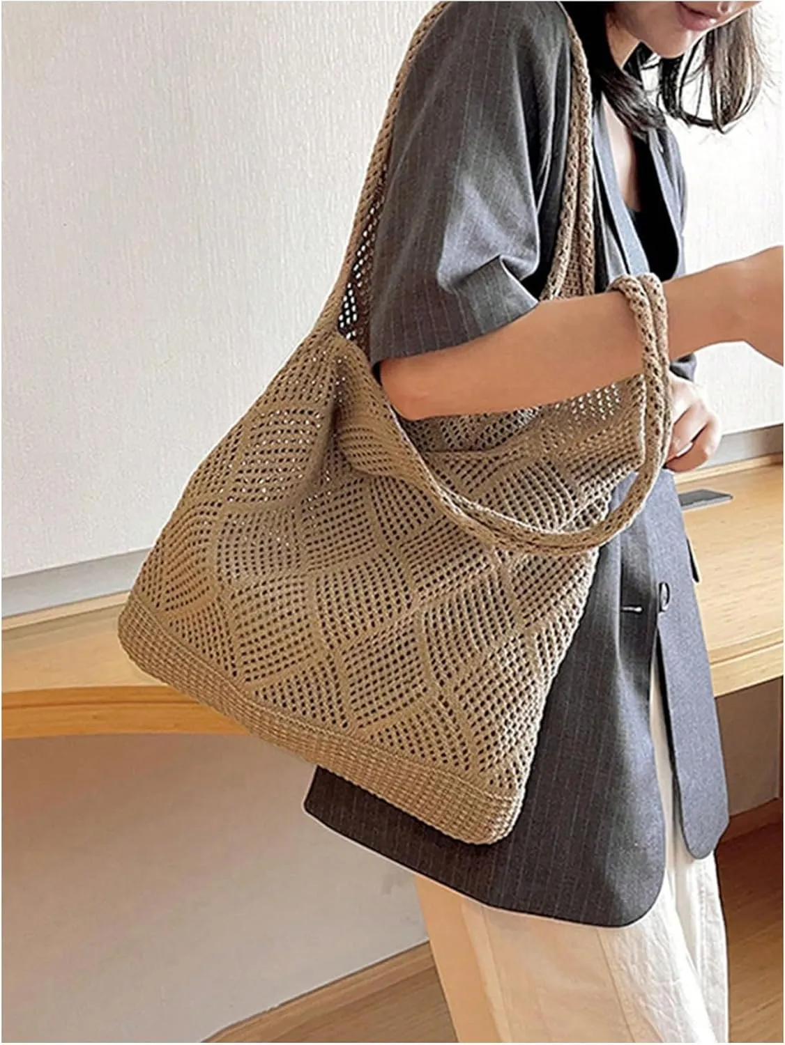 MakeMeChic Women's Crochet Hollow Out Double Strap Beach Shoulder Bag Tote Handbags