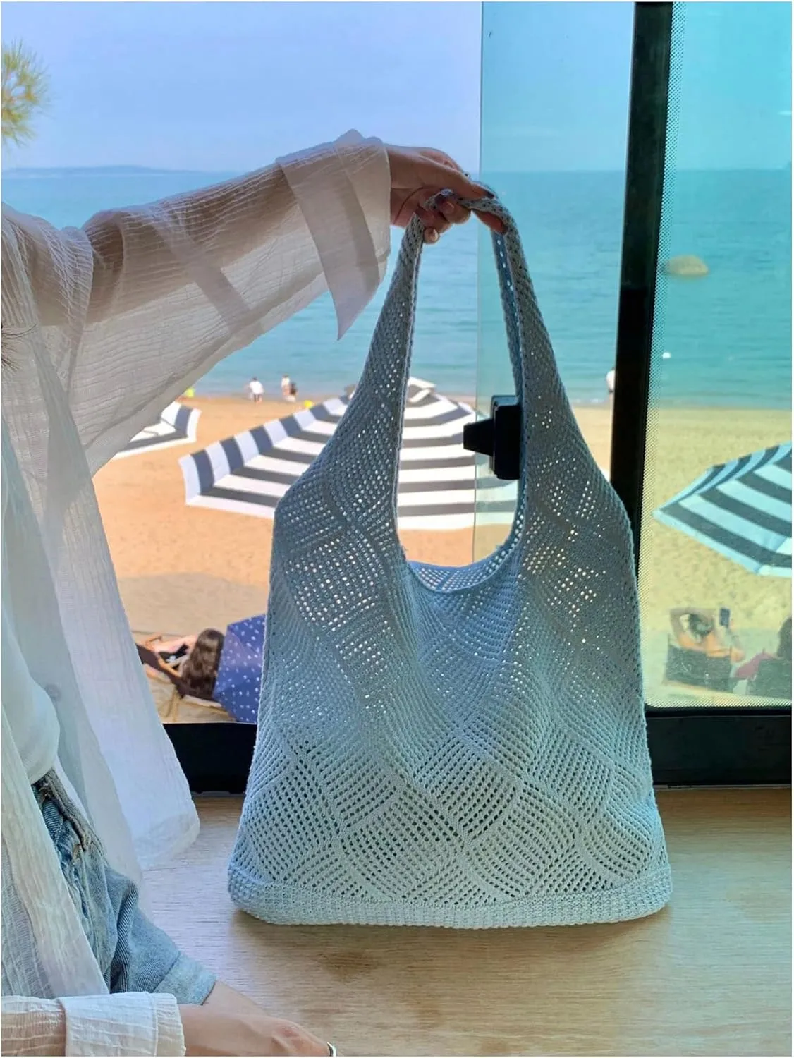 MakeMeChic Women's Crochet Hollow Out Double Strap Beach Shoulder Bag Tote Handbags