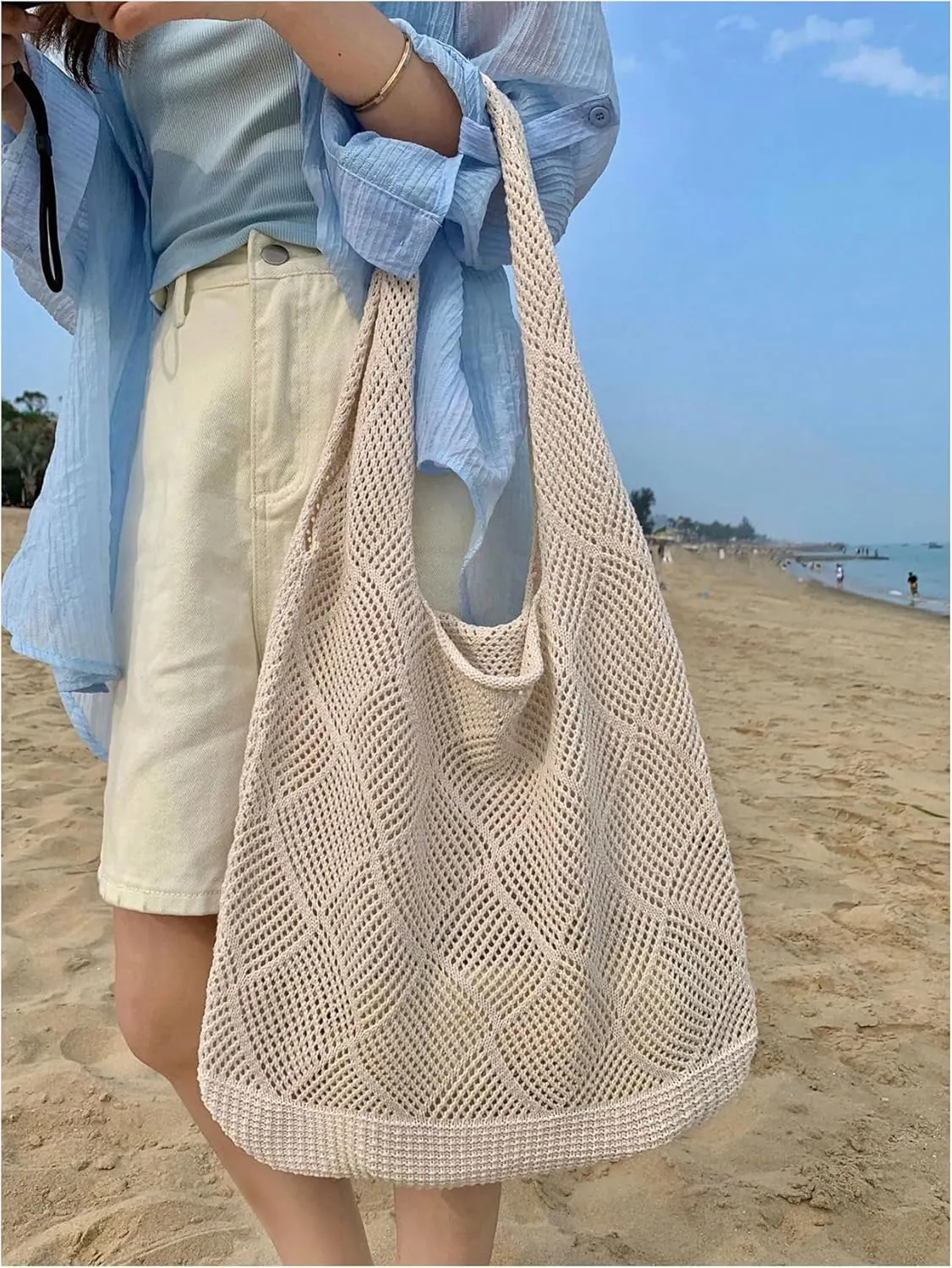 MakeMeChic Women's Crochet Hollow Out Double Strap Beach Shoulder Bag Tote Handbags