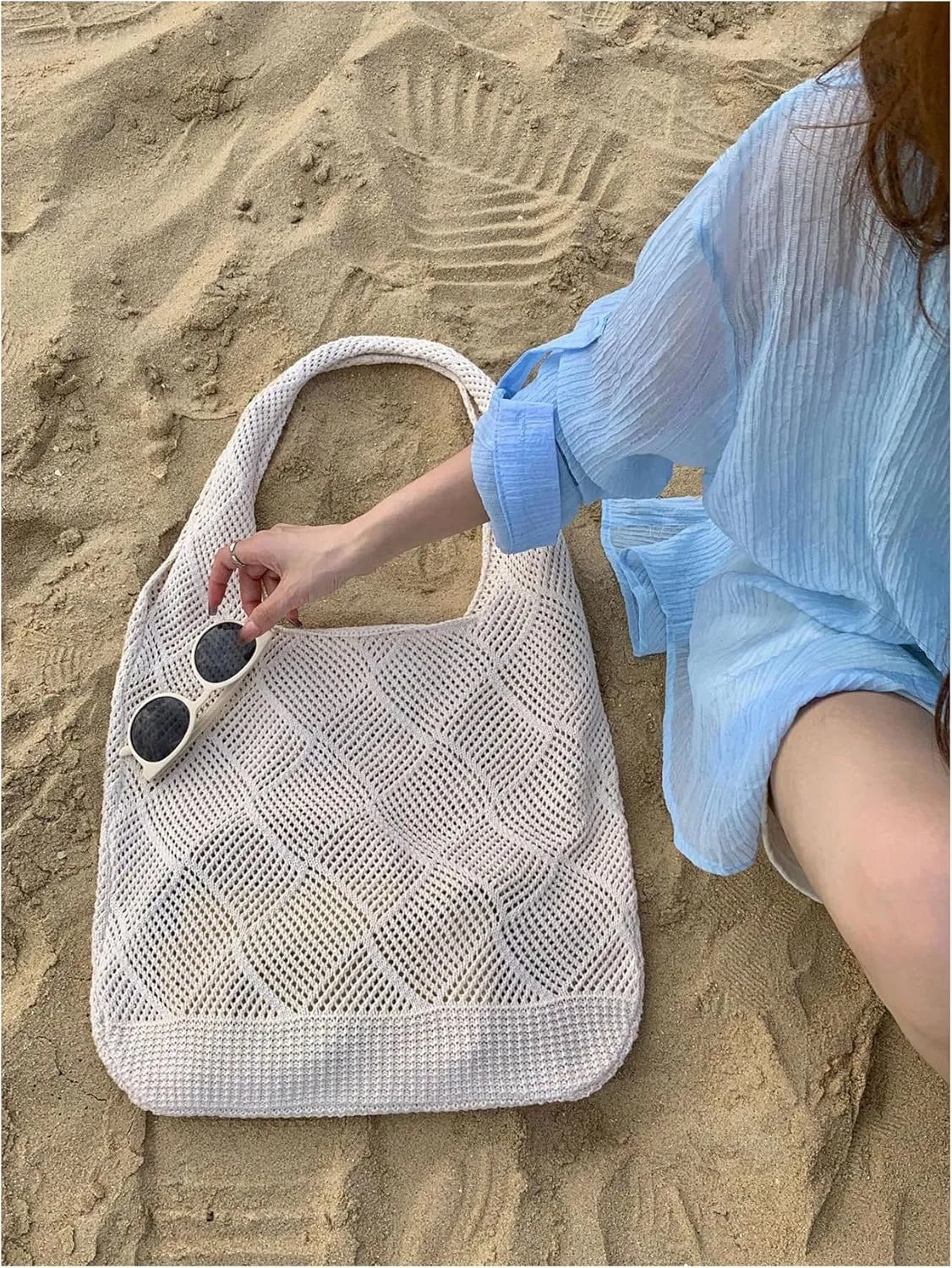 MakeMeChic Women's Crochet Hollow Out Double Strap Beach Shoulder Bag Tote Handbags