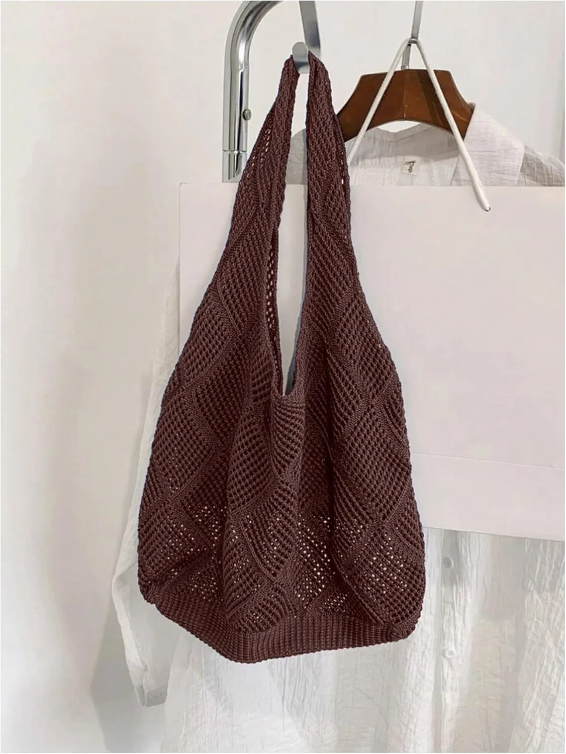 MakeMeChic Women's Crochet Hollow Out Double Strap Beach Shoulder Bag Tote Handbags