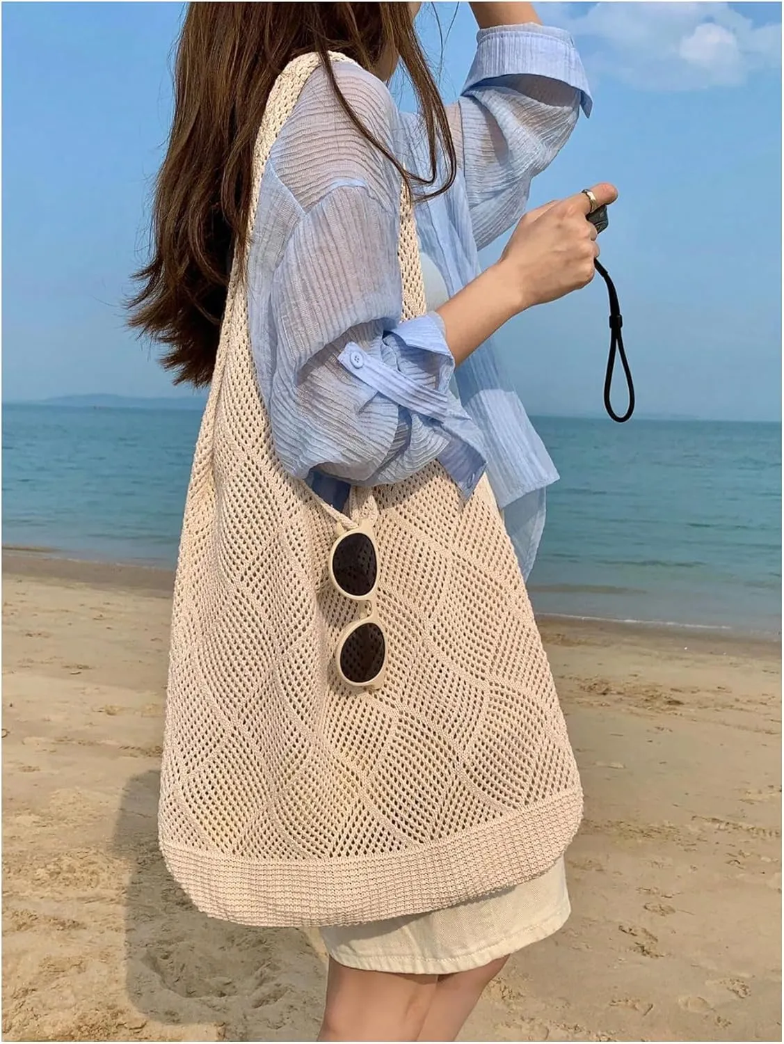 MakeMeChic Women's Crochet Hollow Out Double Strap Beach Shoulder Bag Tote Handbags
