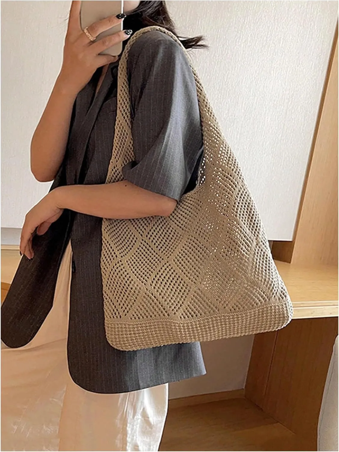 MakeMeChic Women's Crochet Hollow Out Double Strap Beach Shoulder Bag Tote Handbags