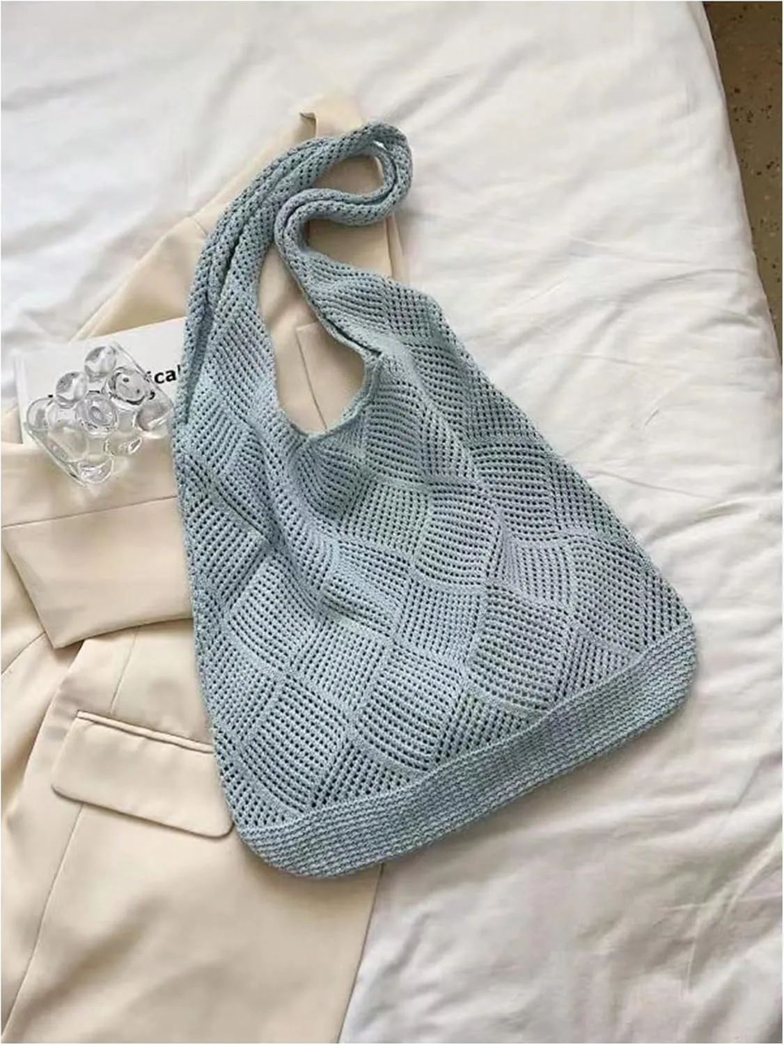 MakeMeChic Women's Crochet Hollow Out Double Strap Beach Shoulder Bag Tote Handbags