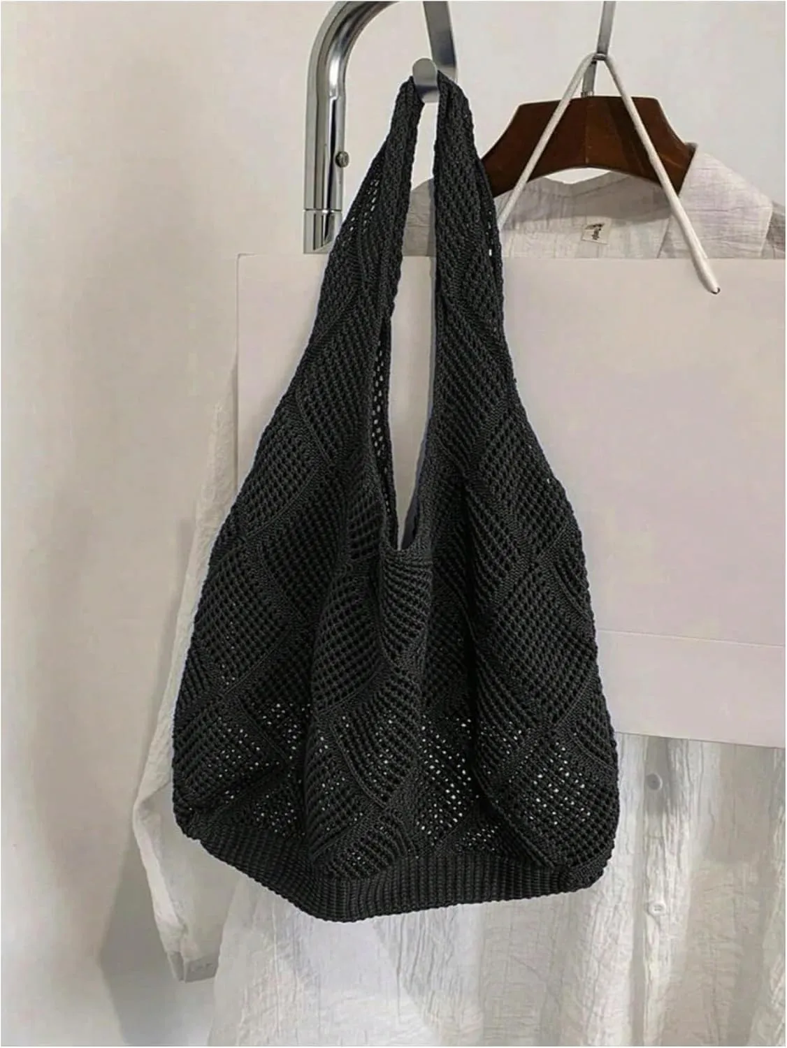 MakeMeChic Women's Crochet Hollow Out Double Strap Beach Shoulder Bag Tote Handbags