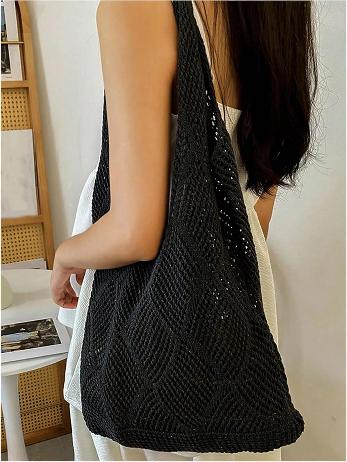 MakeMeChic Women's Crochet Hollow Out Double Strap Beach Shoulder Bag Tote Handbags