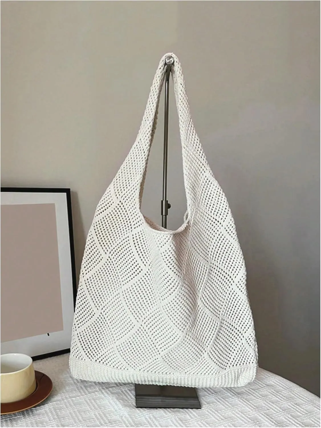 MakeMeChic Women's Crochet Hollow Out Double Strap Beach Shoulder Bag Tote Handbags
