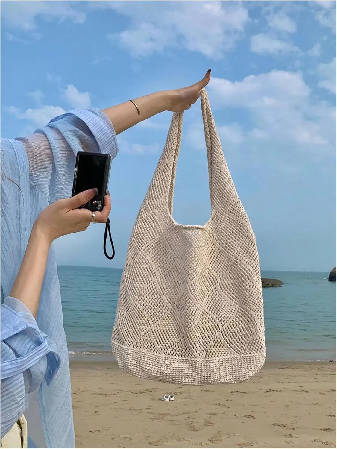 MakeMeChic Women's Crochet Hollow Out Double Strap Beach Shoulder Bag Tote Handbags