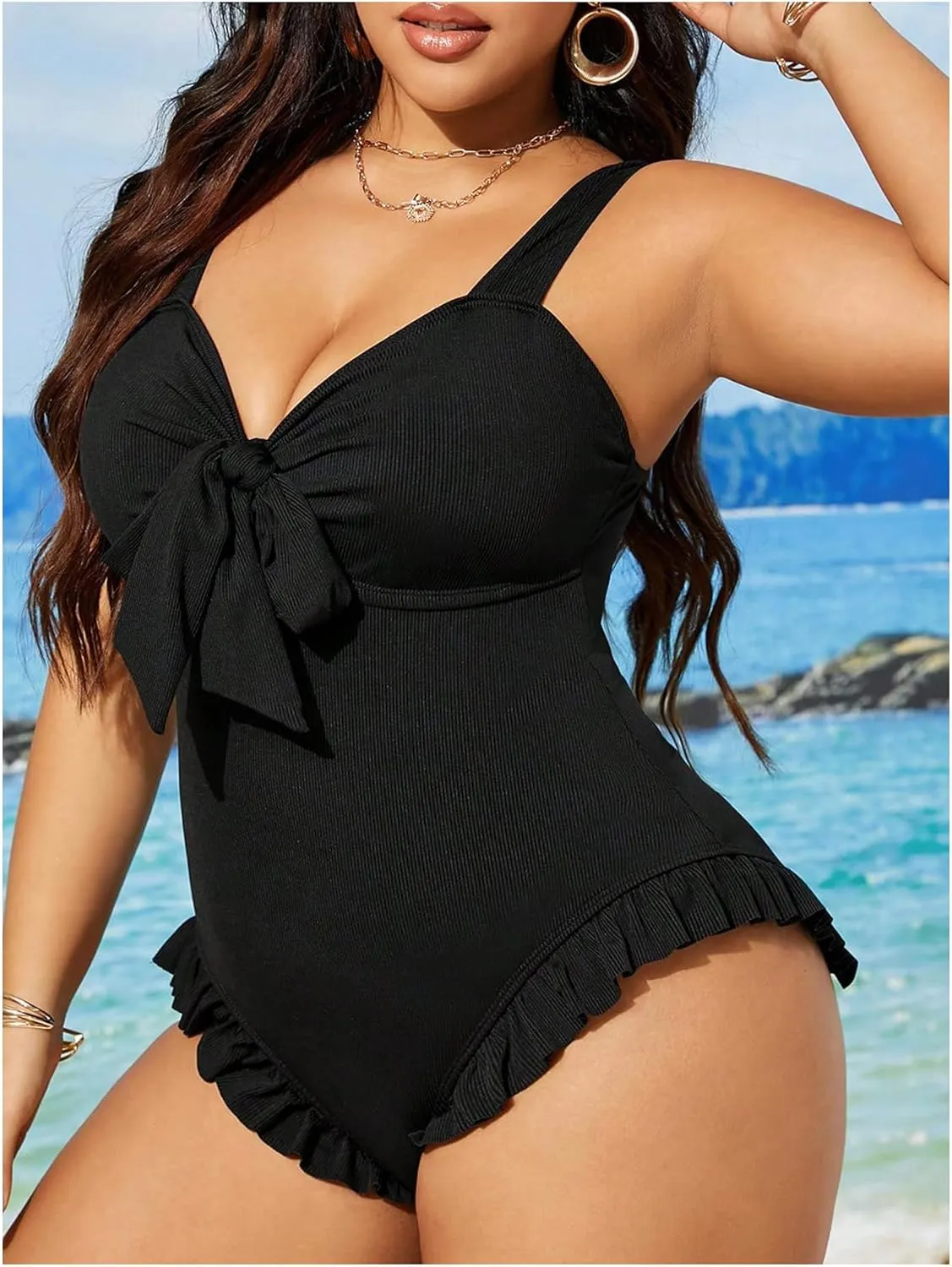 MakeMeChic Women's Plus Size One Piece Swimsuit Bow Knot Wide Strap Frill Trim Bathing Suit