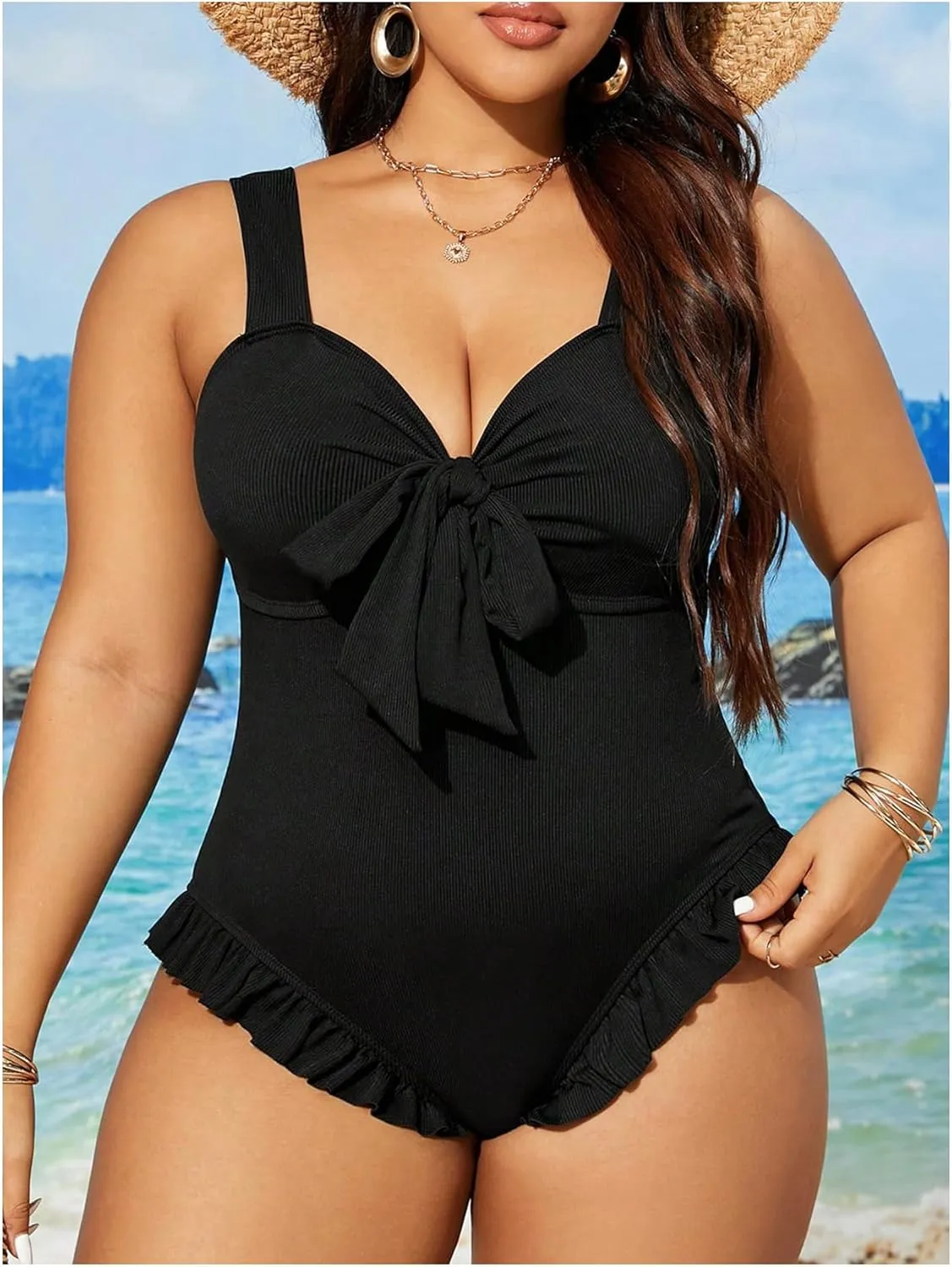 MakeMeChic Women's Plus Size One Piece Swimsuit Bow Knot Wide Strap Frill Trim Bathing Suit