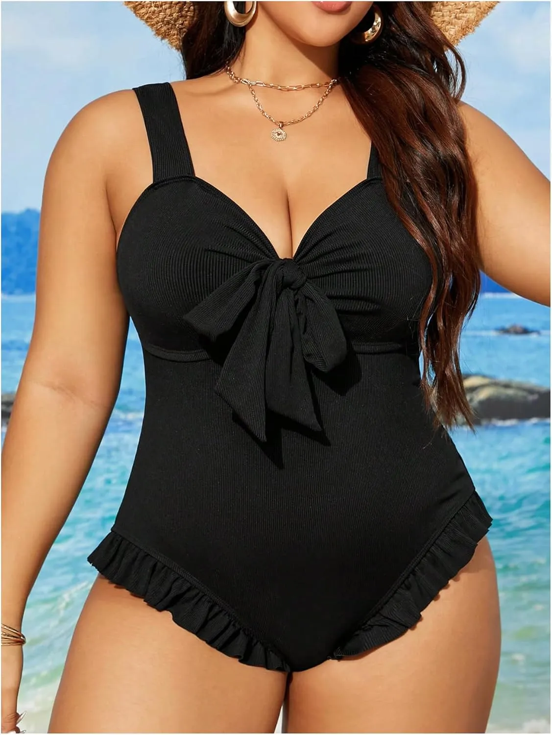 MakeMeChic Women's Plus Size One Piece Swimsuit Bow Knot Wide Strap Frill Trim Bathing Suit