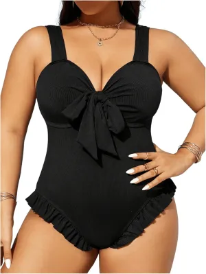 MakeMeChic Women's Plus Size One Piece Swimsuit Bow Knot Wide Strap Frill Trim Bathing Suit